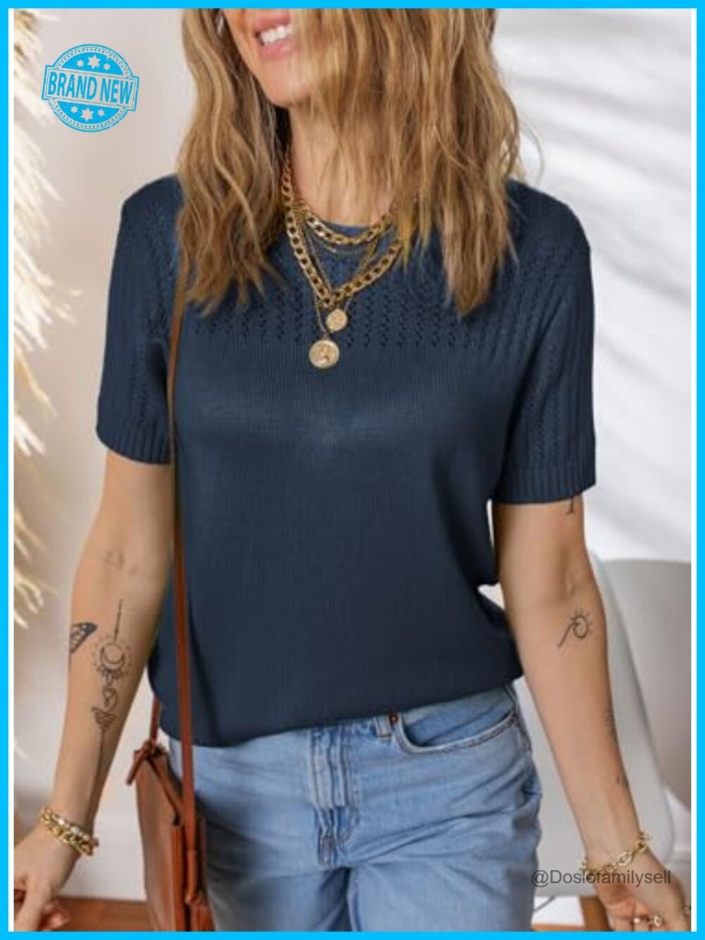 Crew Neck Hollow Out Knit Loose Sweater Blouse Tunic Top - Picture 3 of 7